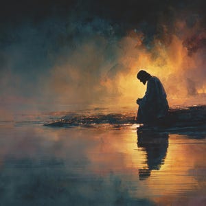 May include: An artistic depiction of a person kneeling by the water's edge. The figure is silhouetted against a vibrant sunset with orange and yellow hues. The water reflects the sky and the figure, creating a serene and contemplative scene.