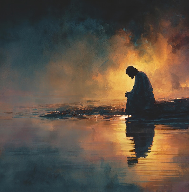 May include: An artistic depiction of a person kneeling by the water's edge. The figure is silhouetted against a vibrant sunset with orange and yellow hues. The water reflects the sky and the figure, creating a serene and contemplative scene.