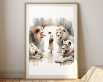 Daniel in the Lions’ Den | Watercolor Bible Verse Scene | Christian Wall Art Digital Download