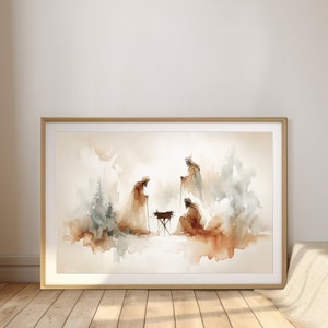 Epiphany, Three Kings Landscape Digital Print, Nativity Watercolor Jesus Christ wallart, Bible art, Minimal Modern Christian Wall Home Decor