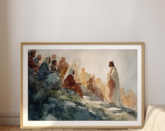 Sermón de la Montaña / Jesús enseñando (Acuarela) / Arte mural cristiano (Descarga digital)