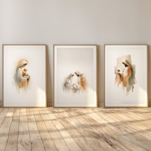 Set of Nativity, Digital Print, Inspiring Watercolor Modern Artwork, Christian Meaningful Minimal Poster, Boho Home Decor