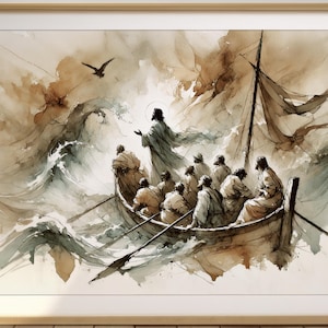 Jesus Calms the Storm – Minimalist Christian Art, Faith Wall Decor, Bible Scene Print