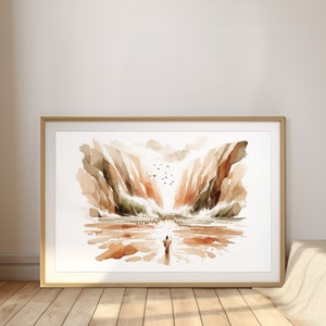 Moses Parting the Red Sea, digital print, minimalist printable Jesus watercolor wall art painting, Bible scripture sketches products
