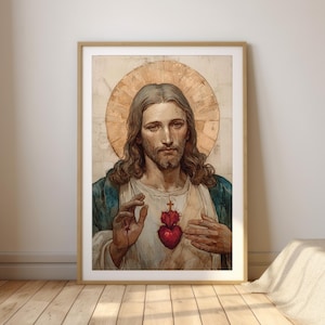 Stampa ad acquerello del Sacro Cuore di Gesù - Ritratto classico di Cristo con aureola, decorazione religiosa devozionale per la casa, arte cristiana, muro cattolico