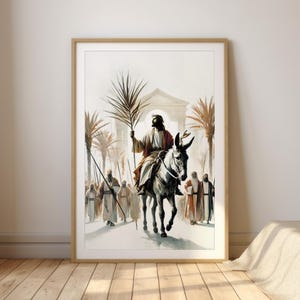 Triumphal Entry Palm Sunday Wall Art | Jesus Riding Donkey | Christian Faith Decor | Biblical Digital Artwork | Religious Home Printable