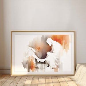 Jesus Washes His Disciple Feet, Watercolor Digital Print, Bible Christian Artwork, Modern Boho Minimalist Poster, LDS Faith Home Decor