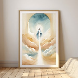 Stampa ad acquerello dell'Assunzione di Maria / Arte cristiana minimalista / Decorazione murale religiosa / Opere d'arte per la casa basate sulla fede / Arte biblica stampabile