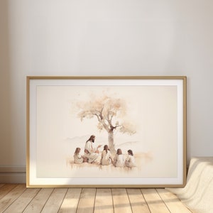Jesus Teaching Children Landscape, digital print, minimalist printable Jesus watercolor wall art painting, Bible scripture sketches products