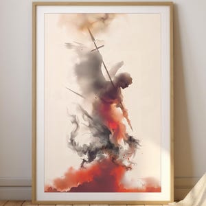 Puede incluir: Una lámina de arte enmarcada que presenta una ilustración abstracta en acuarela de una figura alada que sostiene una lanza larga. La composición utiliza una paleta de grises apagados, negros profundos y tonos rojos vibrantes sobre un fondo crema.