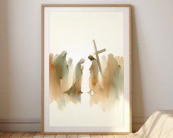 Jesus meets His Mother Inspiring Digital Print, Watercolor Modern Artwork, Christian Meaningful Minimal Poster Home Decor