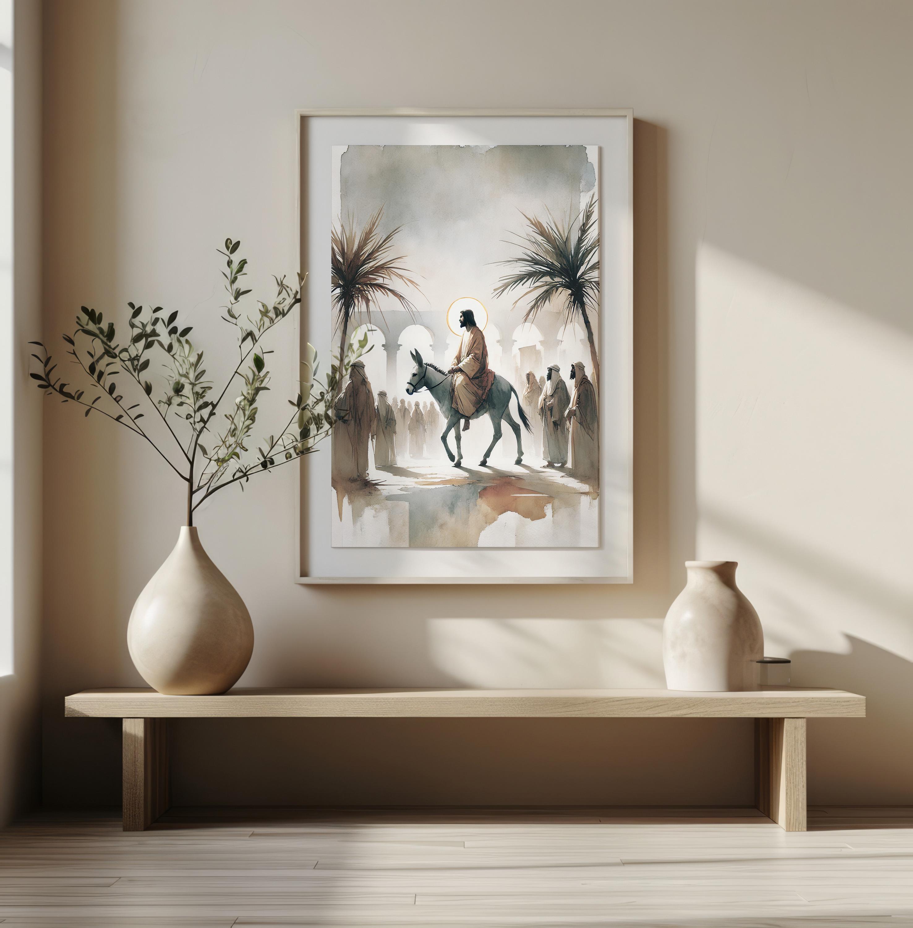 Palm Sunday Triumphal Entry Watercolor Print | Jesus on Donkey | Holy ...