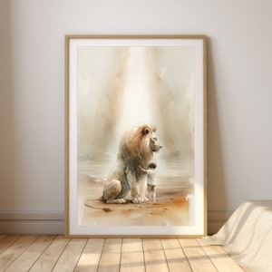 Kid embracing Jesus The Lion, Digital Print, Watercolor Modern Artwork, Christian Meaningful Minimal Poster, LDS Home Decor Wall Art