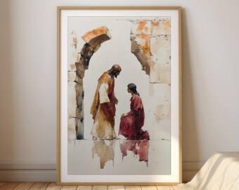 Jesus Healing Print: Minimalist Bible Miracle Watercolor (Digital Download)