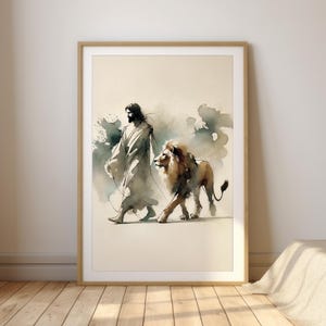 Lion of Judah Watercolor Print – Jesus and Lion Minimalist Christian Wall Art, Faith Digital Download, Modern Bible Verse Decor