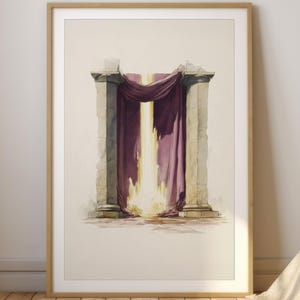 Puede incluir: Pintura a la acuarela de un arco clásico con dos columnas de piedra y una cortina morada drapeada. La luz brilla a través de la abertura, creando un efecto dramático. La obra está enmarcada.
