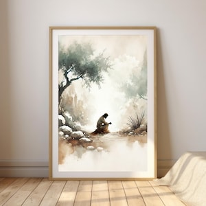 Garden of Gethsemane | Jesus in Prayer Watercolor | Christian Wall Art Digital Download
