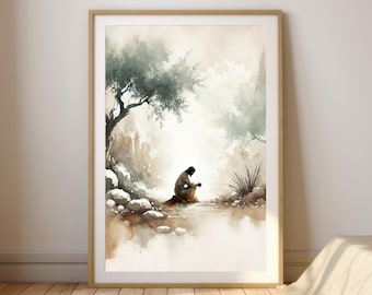 May include: A watercolor painting of a person kneeling in prayer by a stream. The person is wearing a brown robe and has their head bowed. The background is a misty forest with a large tree on the left side of the image.