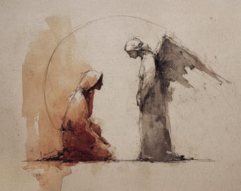 Annunciation Watercolor Print – Minimalist Angel and Mary Christian Art Digital Download