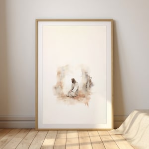 Jesus Praying, Inspiring Digital Print, Bible Sketches, Jesus Wall Art, Watercolor Modern Artwork, Christian Art, Minimal LDS Home Decor