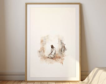 Jesus in Prayer | Minimalist Watercolor Christian Art | Spiritual Wall Decor Digital Download