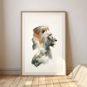 Jesus The Lion Portrait, Digital Print, Bible Sketches, Watercolor Modern Artwork, Christian Meaningful Minimal Poster, Home Decor Wall Art