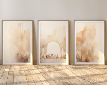 The Last Supper Triptych | Minimalist Watercolor Bible Scene | Christian Wall Art Digital Download