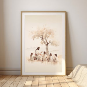 Jesus Teaching Children, Digital Print, Jesus painting, Jesus print, Jesus wall art, Bible Verse Print, Jesus watercolor, home decor