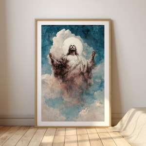 Ascension of Jesus Christ Print – Christian Wall Art, Catholic Art, Bible Scene Painting, Resurrection Decor, Clouds, Modern Faith Poster