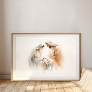Kerststallandschap, digitale print, aquarel Jezus muurkunst, kerstbijbelkunst, minimalistische moderne christelijke muurdecoratie kunst aan de muur