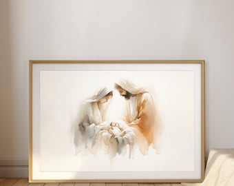 May include: A watercolor painting of the Holy Family. Mary and Joseph are looking down at the baby Jesus, who is lying in a white cloth. The painting is done in soft, muted tones of brown and white.