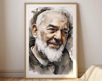 聖パドレ・ピオ｜水彩画カトリック肖像画｜キリスト教壁掛けアート（デジタルダウンロード）