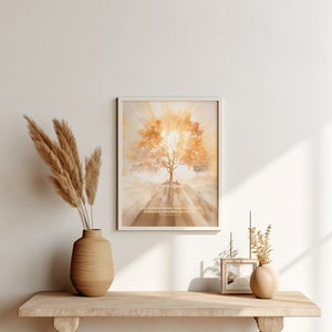 May include: A watercolor print of a tree with a sunburst behind it. The print has the text "Love, Joy, Peace, Patience, Kindness, Goodness, Faithfulness, Gentleness, Self-Control" and "Galatians 5:22-23".