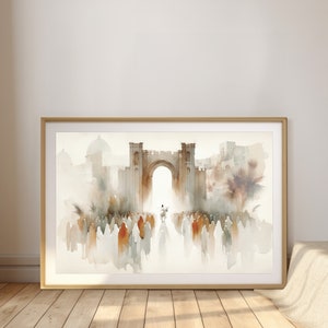 May include: A watercolor painting depicting a crowd of people walking through a large archway. The people are dressed in white and brown robes, and the archway is made of stone. The painting is set against a backdrop of a city with buildings and trees.