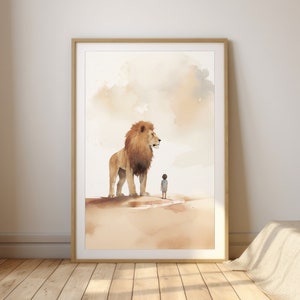 Jesús, el león y el niño, impresión digital, pintura de Jesús, impresión de Jesús, arte mural de Jesús, impresión de versículos bíblicos, acuarela de Jesús, decoración del hogar