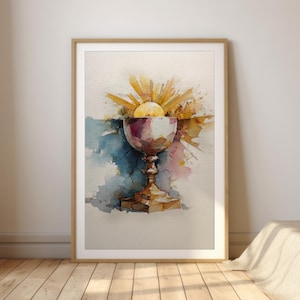 Corpus Christi Watercolor Print – Minimalist Chalice and Host Christian Art, Catholic Eucharist Decor, Modern First Communion Gift