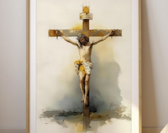 May include: Watercolor painting of a figure on a wooden cross. The figure is depicted with a crown of thorns and a loincloth. The cross is set against a soft, neutral background, framed in a light wood frame.