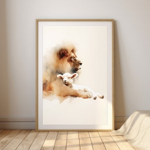 Vreedzaam koninkrijk: de leeuw en het lam | Aquarel minimalistische afdrukbare kunst | Jezuskunst | Christelijke muurdecoratie | Op geloof gebaseerd huiskunstwerk