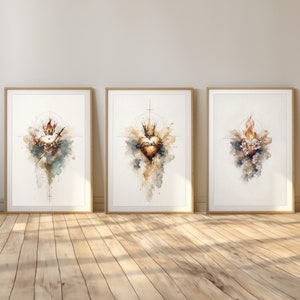 Set of Hearts: Jesus, Mary and Joseph Watercolor Wall Art | Minimalist Bible Christian | Religious Wall Decor | Faith-Based Home Artwork