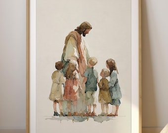 Jesus with Children Watercolor Print: Christian Nursery Art (Digital Download)