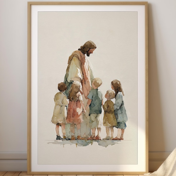 Jesus with Children Watercolor Print: Christian Nursery Art (Digital Download)