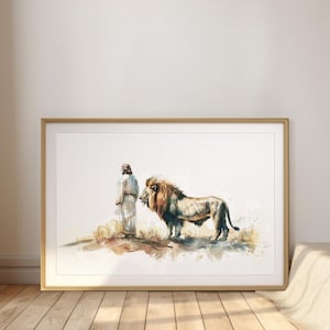 Jesus and the Lion Landscape | Lion of Judah Christian Wall Art | Modern Faith Decor | Minimalist Bible Art Print | Religious Home Decor