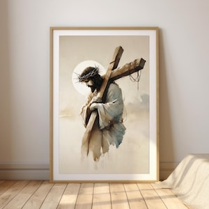 The Passion of Christ | Jesus Carrying the Cross | Minimalist Watercolor Art | Christian Wall Decor | Faith-Inspired Artwork Printable