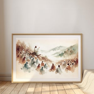 キリスト教の水彩画ウォールアート | 山上の説教 | 横長プリント | 大きな抽象現代絵画 | イエスのミニマリストアートワーク