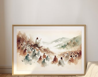 Sermon on the Mount | Abstract Watercolor Landscape | Jesus Christian Wall Art Digital Download