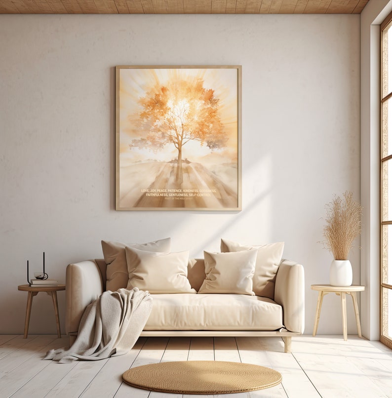 May include: A watercolor painting of a tree with a sunburst behind it. The painting has a quote from the Bible: "Love, joy, peace, patience, kindness, goodness, faithfulness, gentleness, self-control." - Galatians 5:22-23