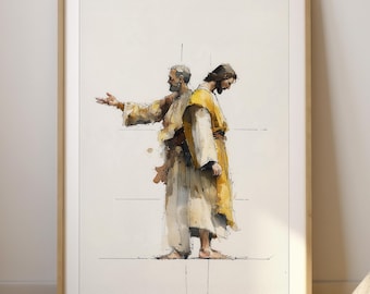 May include: Watercolour print depicting two robed figures, one with an outstretched arm, the other with a bowed head. The artwork uses a neutral colour palette with yellow and brown accents on a white background. The image is framed in a light wood frame.
