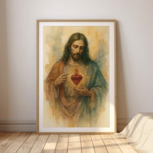 Heiliges Herz von Jesus Christliche Wandkunst, Katholischer Kunstdruck, Moderne Christliche Kunst, andächtiges Aquarell, Religiöses Wohnkultur, Glaubensbasiert