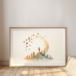 Look at the Birds, Landscape, Digital Print, Watercolor Jesus wallart, Christmas Bible art, Minimal Modern Christian Wall Home Decor Artwork