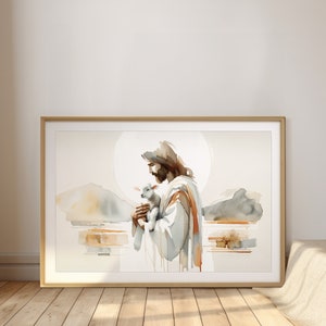 Good Shepherd nursery print, Jesus lamb watercolor decor